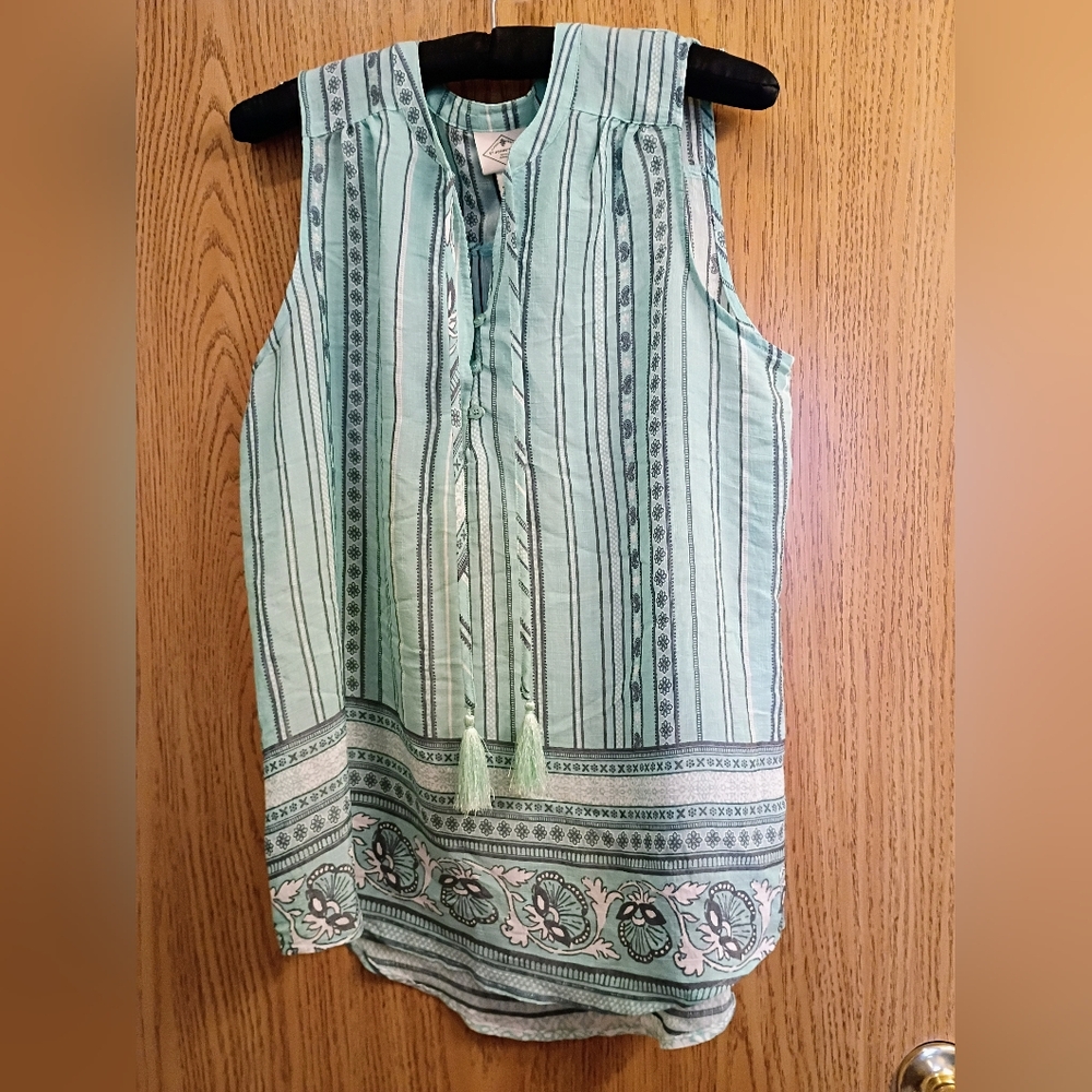 St. John's Bay Mint Green Striped Tassel Neck Sleeveless Top